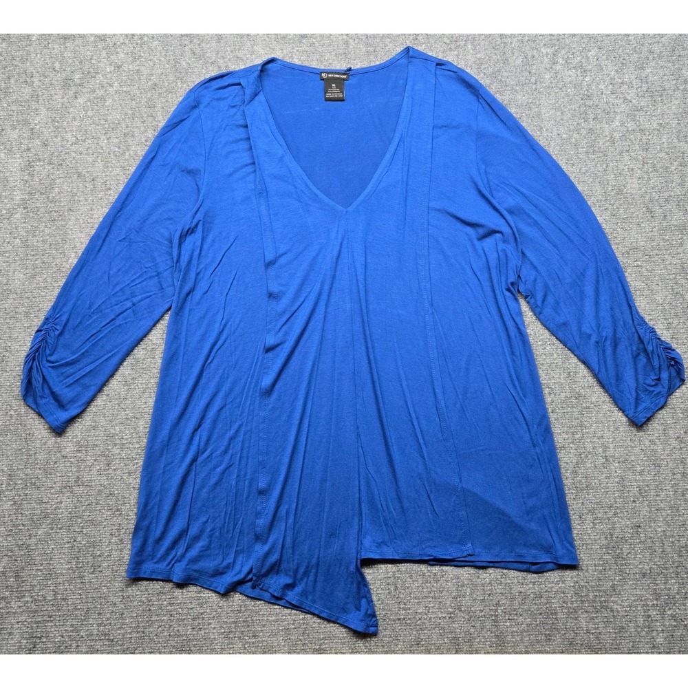New Directions Blouse Womens XL Blue V Neck Long Sleeve Ruched Sleeve Stretch